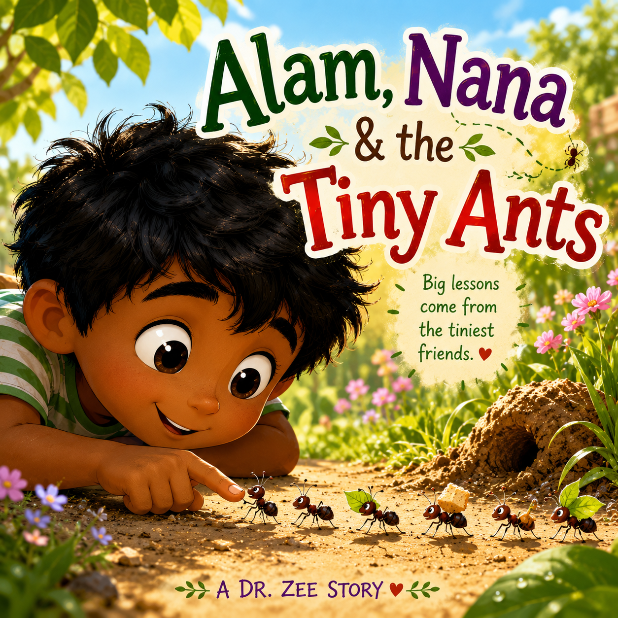 Alam and Nana discover tiny ants in the garden in the children’s book Alam, Nana & the Tiny Ants by Dr. Zee.
