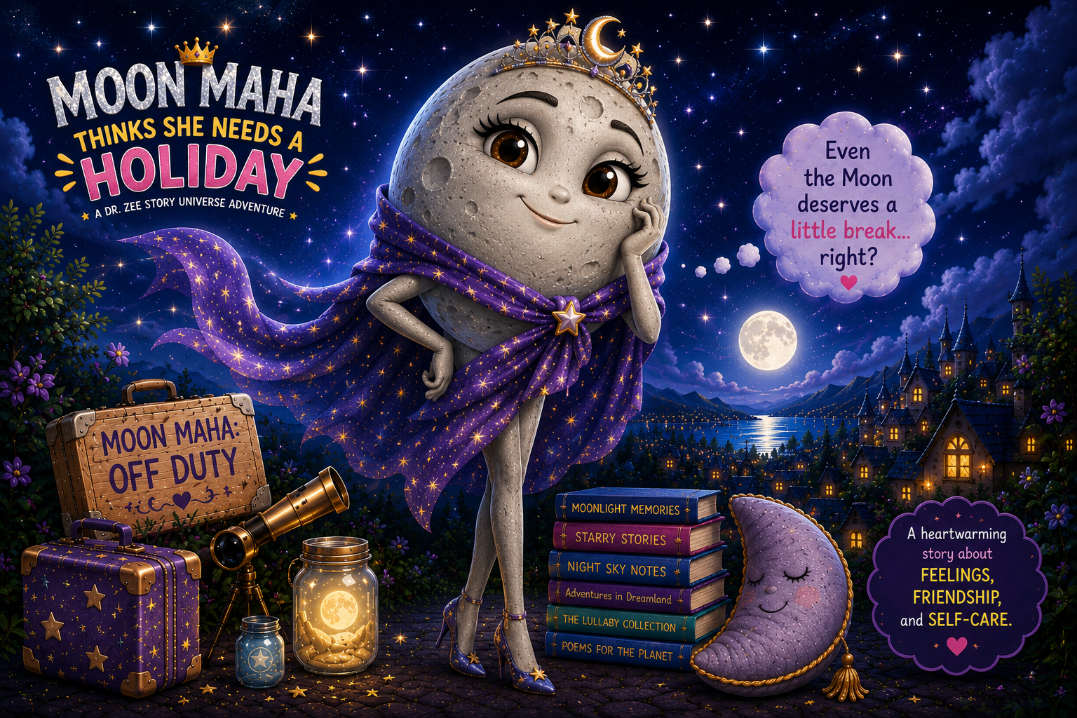 Moon Maha Thinks She Needs a Holiday – magical children’s book featuring Moon Maha on a starry nighttime adventure