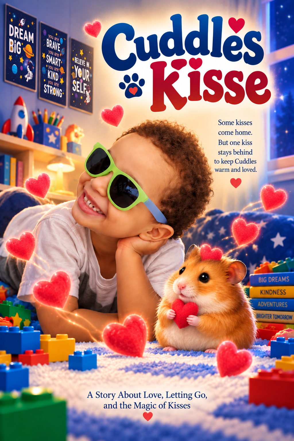 Cuddles Kisses children’s book cover featuring an adorable hamster in a heartwarming story about love, cuddles, and affection