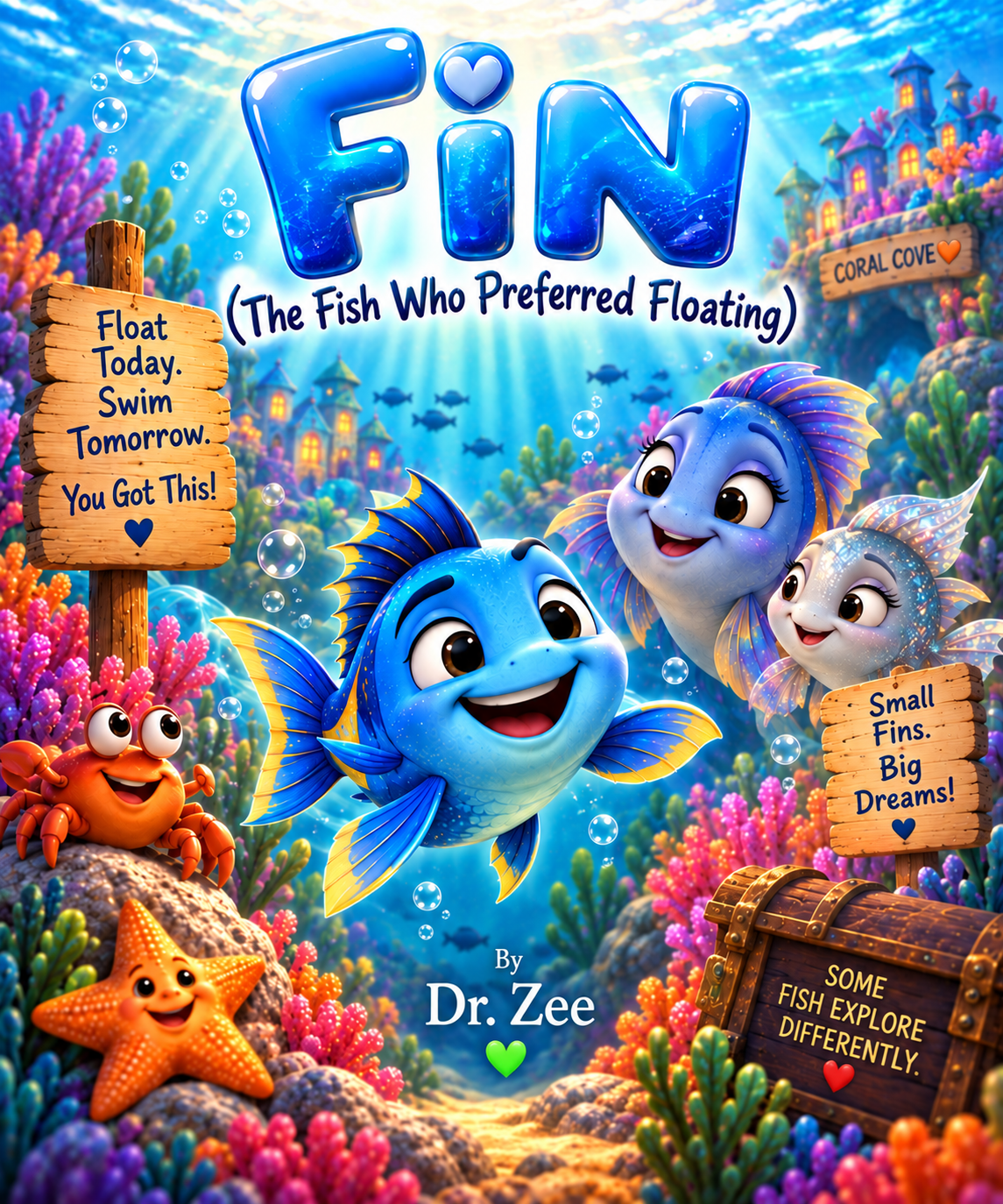 FIN The Fish Who Preferred Floating children’s book cover featuring Fin, a young fish learning confidence, independence, and perseverance underwater.