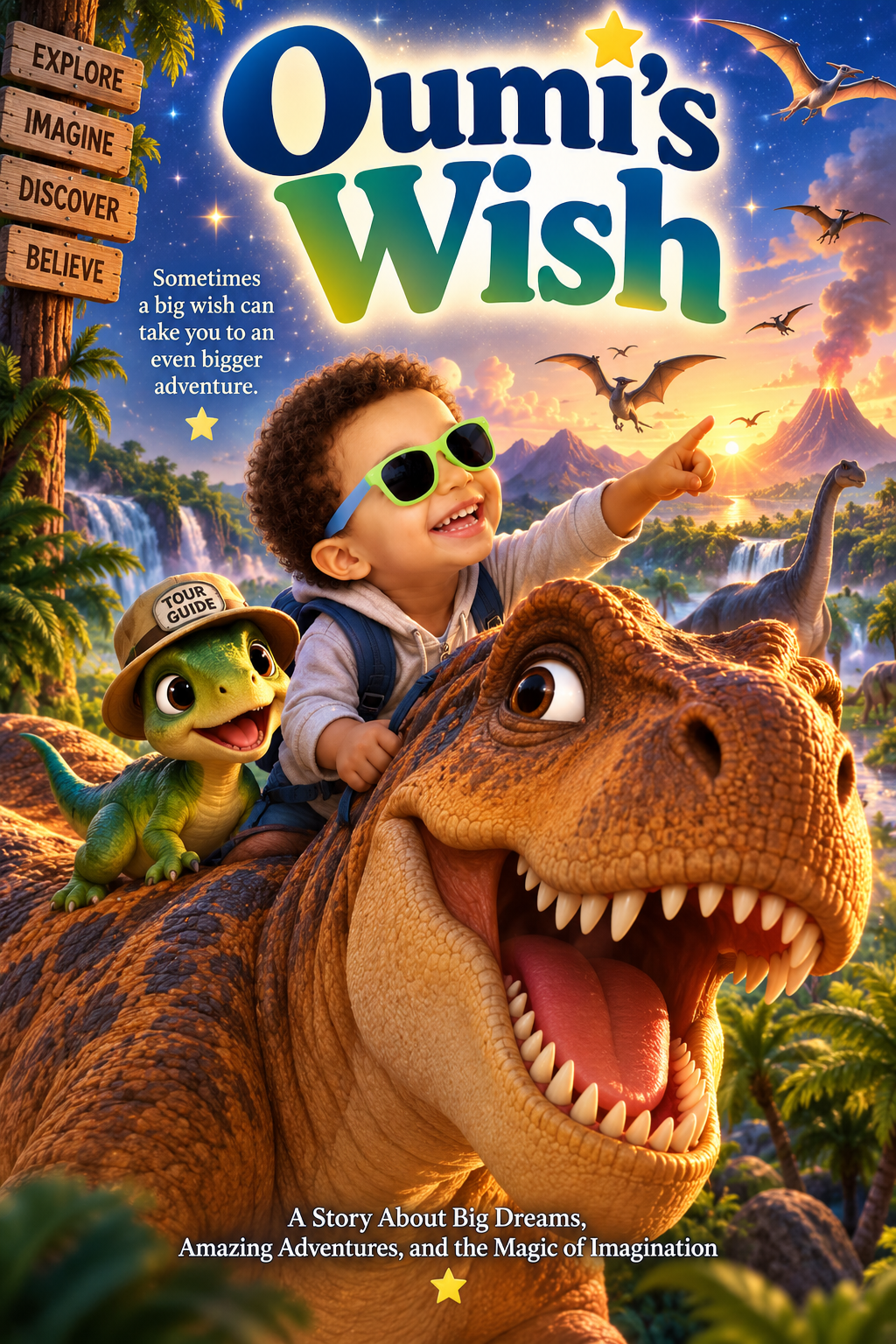 Oumi’s Wish children’s book cover featuring Oumi on a magical dinosaur adventure with a T-Rex